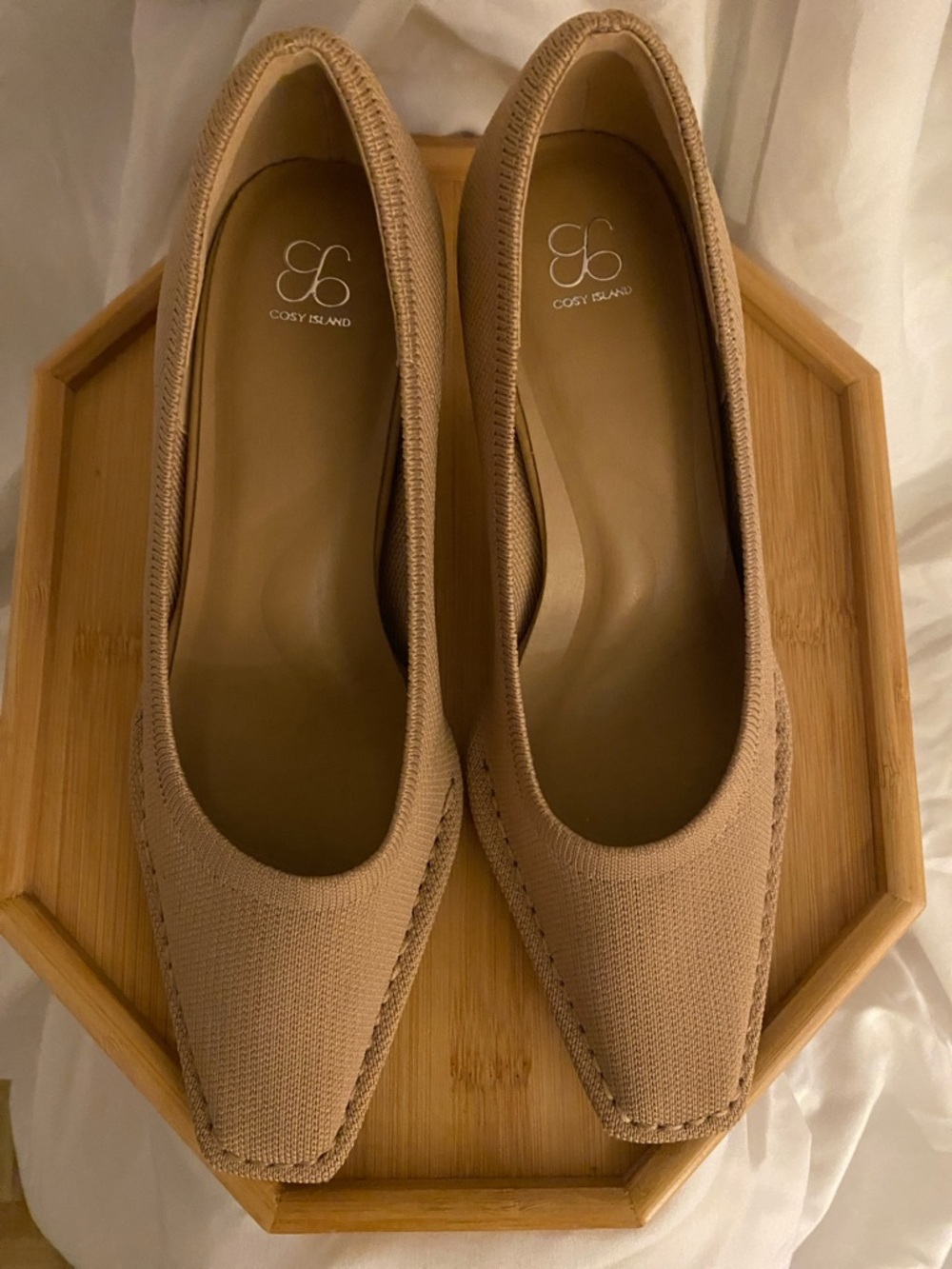 Women’s Knit Square-Toe Flats in Beige - Casual Slip-Ons